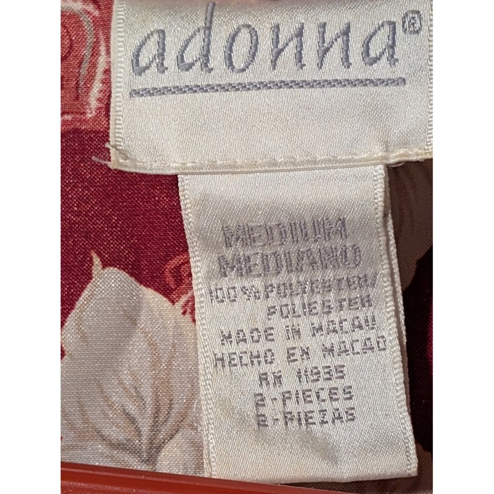 Adonna Floral Satin Robe Kimono Burgundy White Roses Medium Belted 100%Polyester - Picture 3 of 3